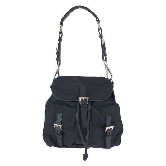 25094
PRADA プラダ テスート サフィアーノ 三角ロゴプレート ブラック 黒シルバー金具 ナイロン / レザー ショルダーバッグ ポシェット レディース ABP42