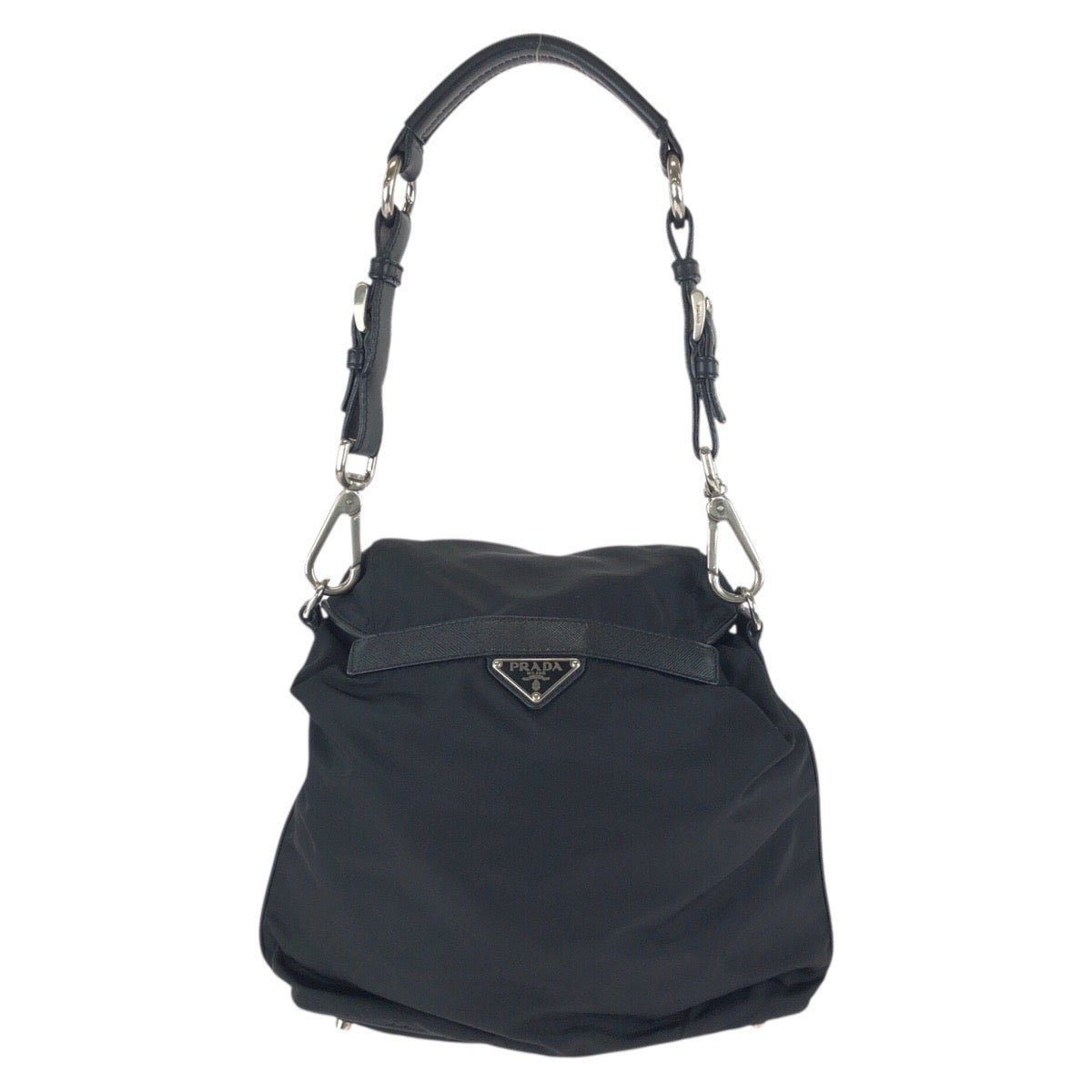 25094
PRADA プラダ テスート サフィアーノ 三角ロゴプレート ブラック 黒シルバー金具 ナイロン / レザー ショルダーバッグ ポシェット レディース ABP42
