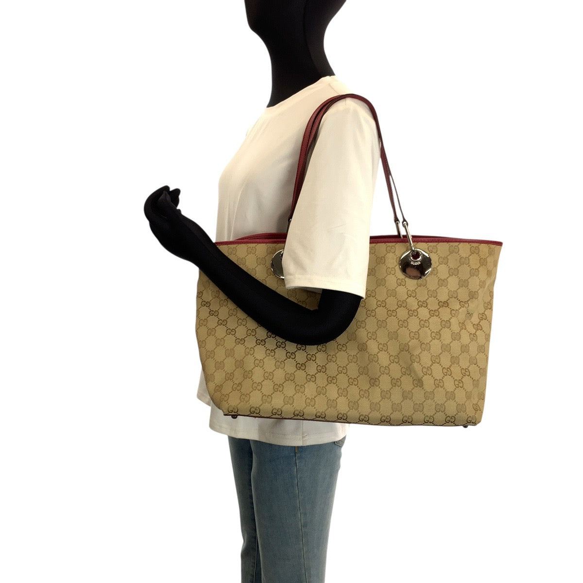 25106
GUCCI グッチ ベージュ ワインレッド GGキャンバス / レザー 120838 トートバッグ ショルダーバッグ レディース ABP42