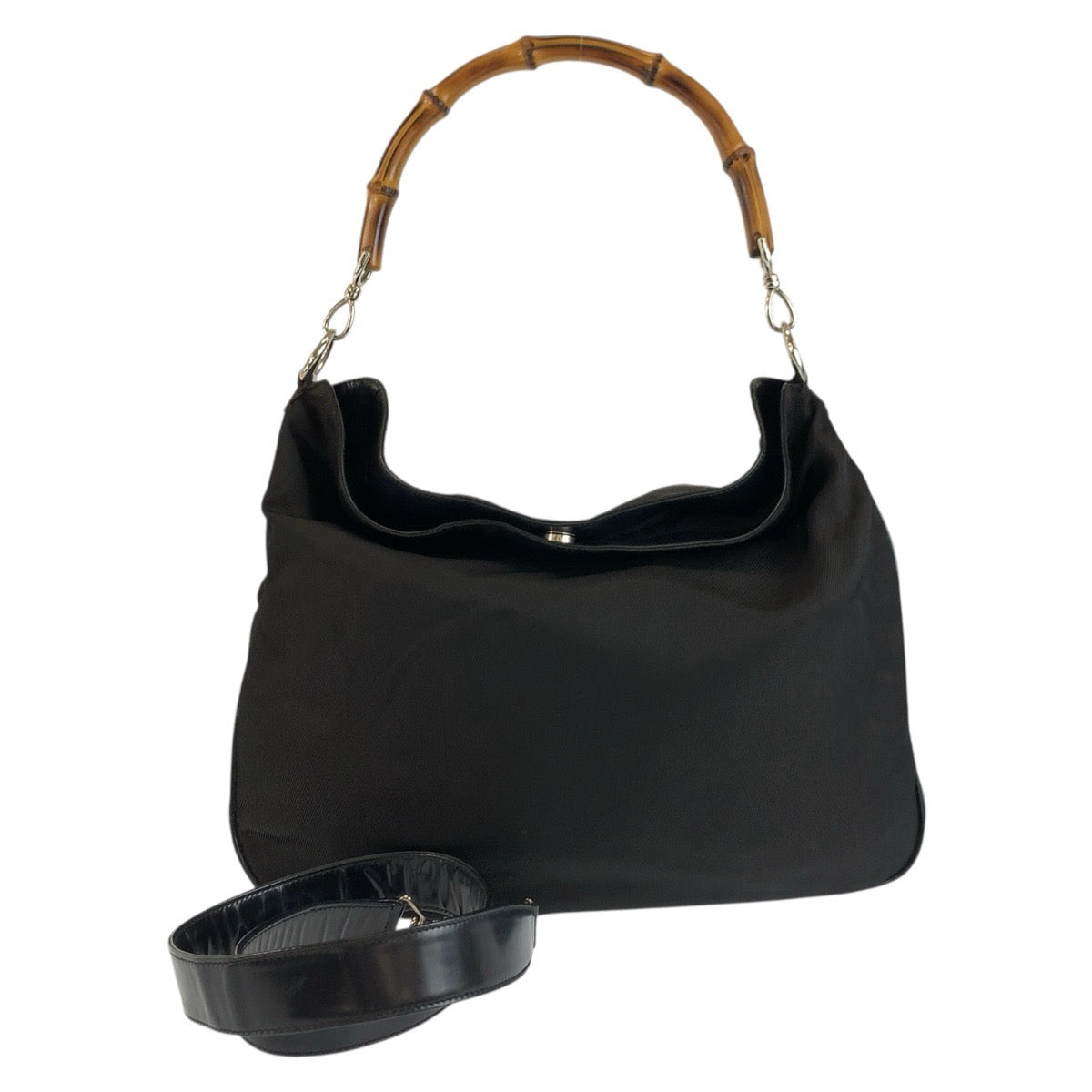 25107
GUCCI グッチ バンブー ブラック 黒 シルバー金具 ナイロン 001 2058 1577 5 ハンドバッグ ショルダーバッグ 2way レディース AB20