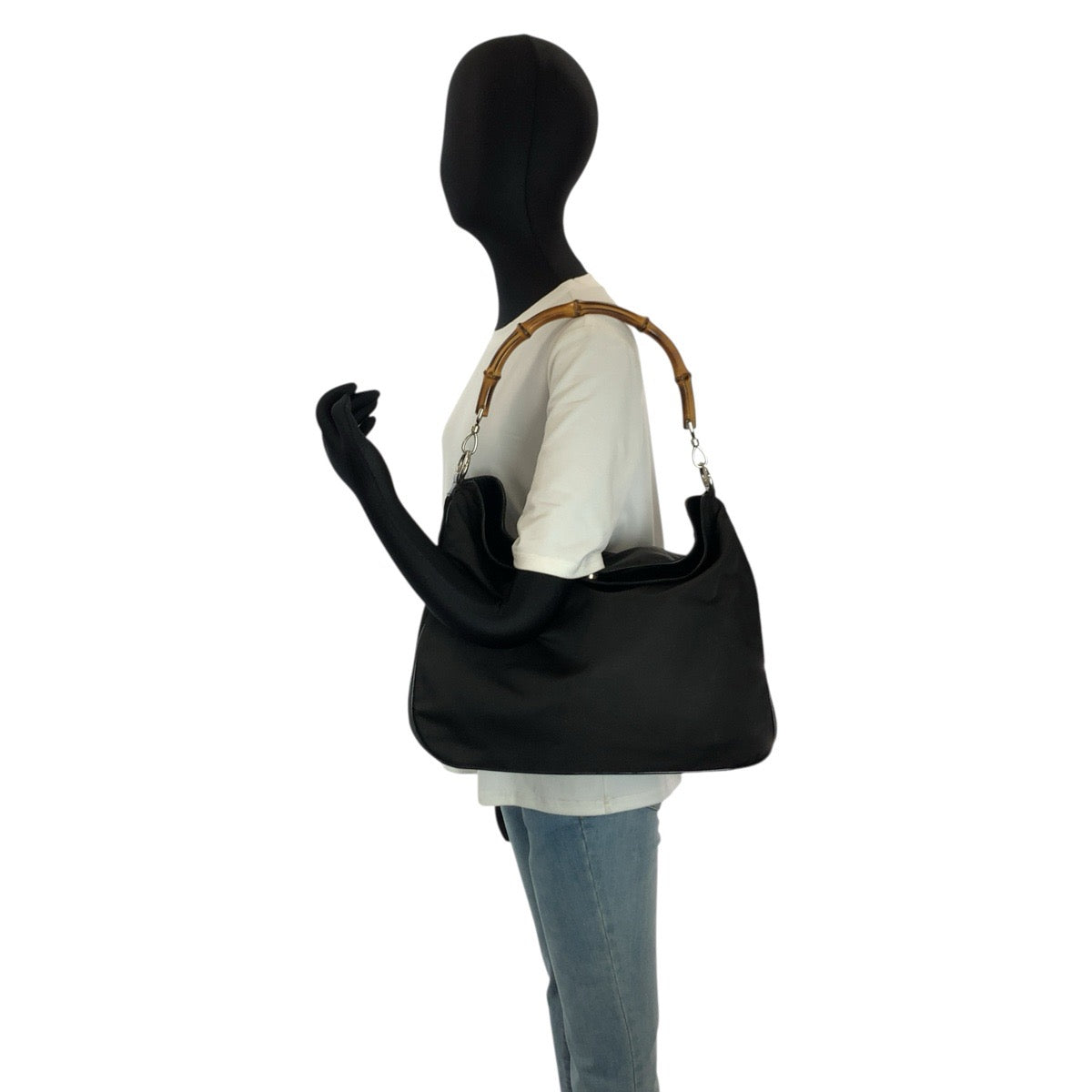 25107
GUCCI グッチ バンブー ブラック 黒 シルバー金具 ナイロン 001 2058 1577 5 ハンドバッグ ショルダーバッグ 2way レディース AB20