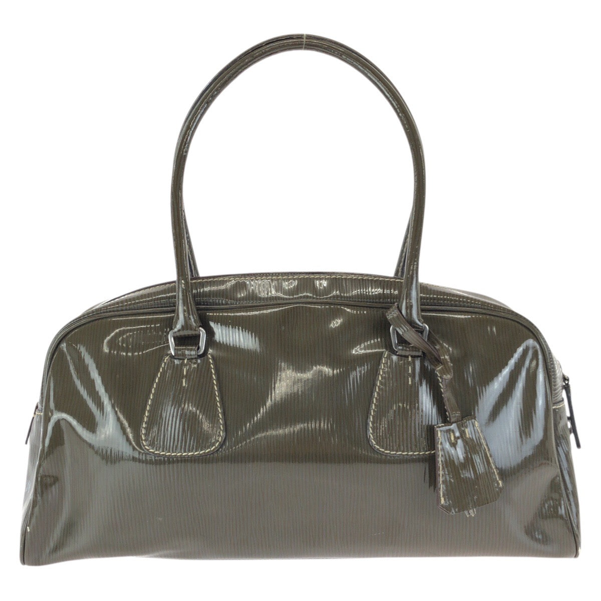 25111
PRADA プラダ ヴィンテージ 三角ロゴプレート カーキ シルバー金具 パテントレザー ハンドバッグ ショルダーバッグ レディース AB22