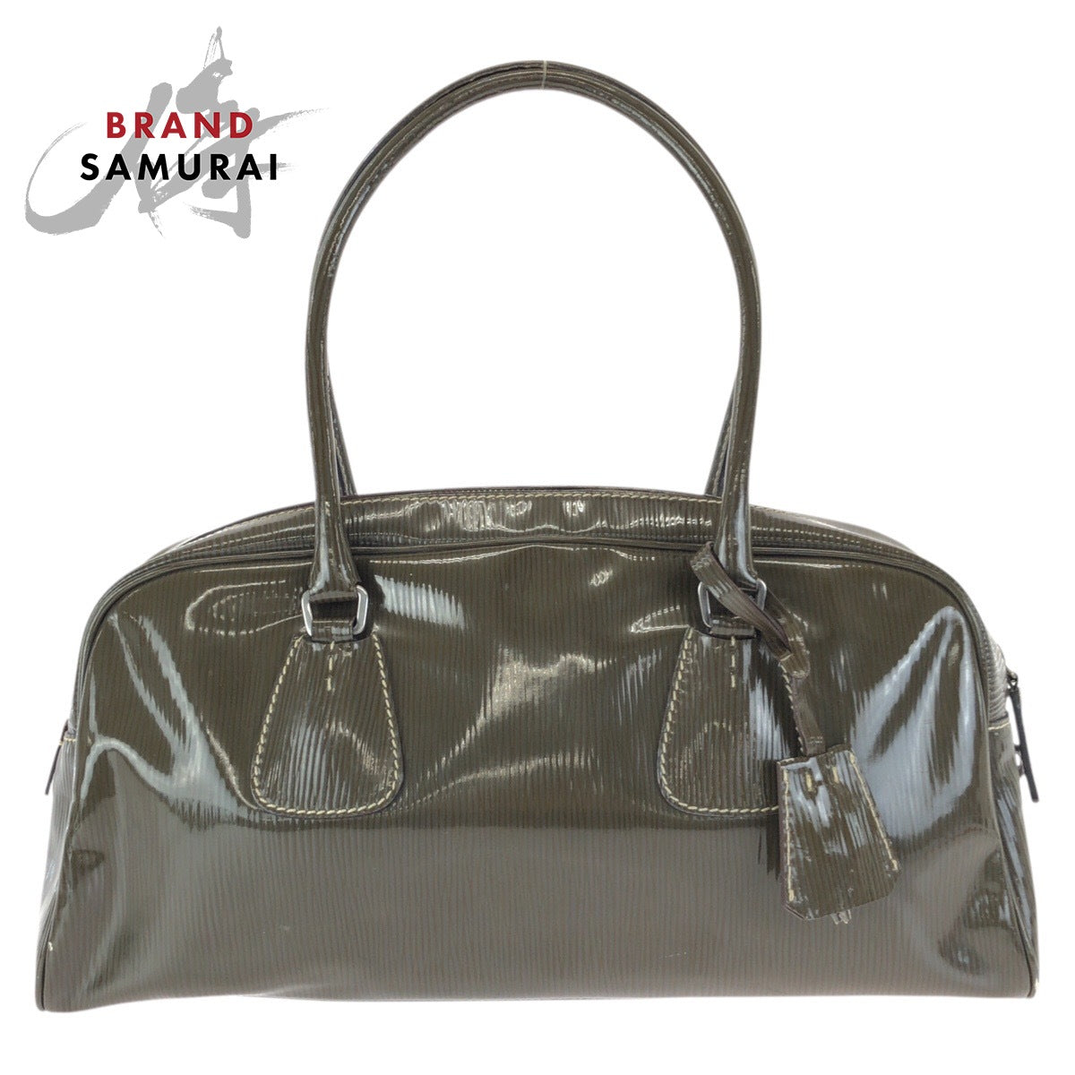 25111
PRADA プラダ ヴィンテージ 三角ロゴプレート カーキ シルバー金具 パテントレザー ハンドバッグ ショルダーバッグ レディース AB22