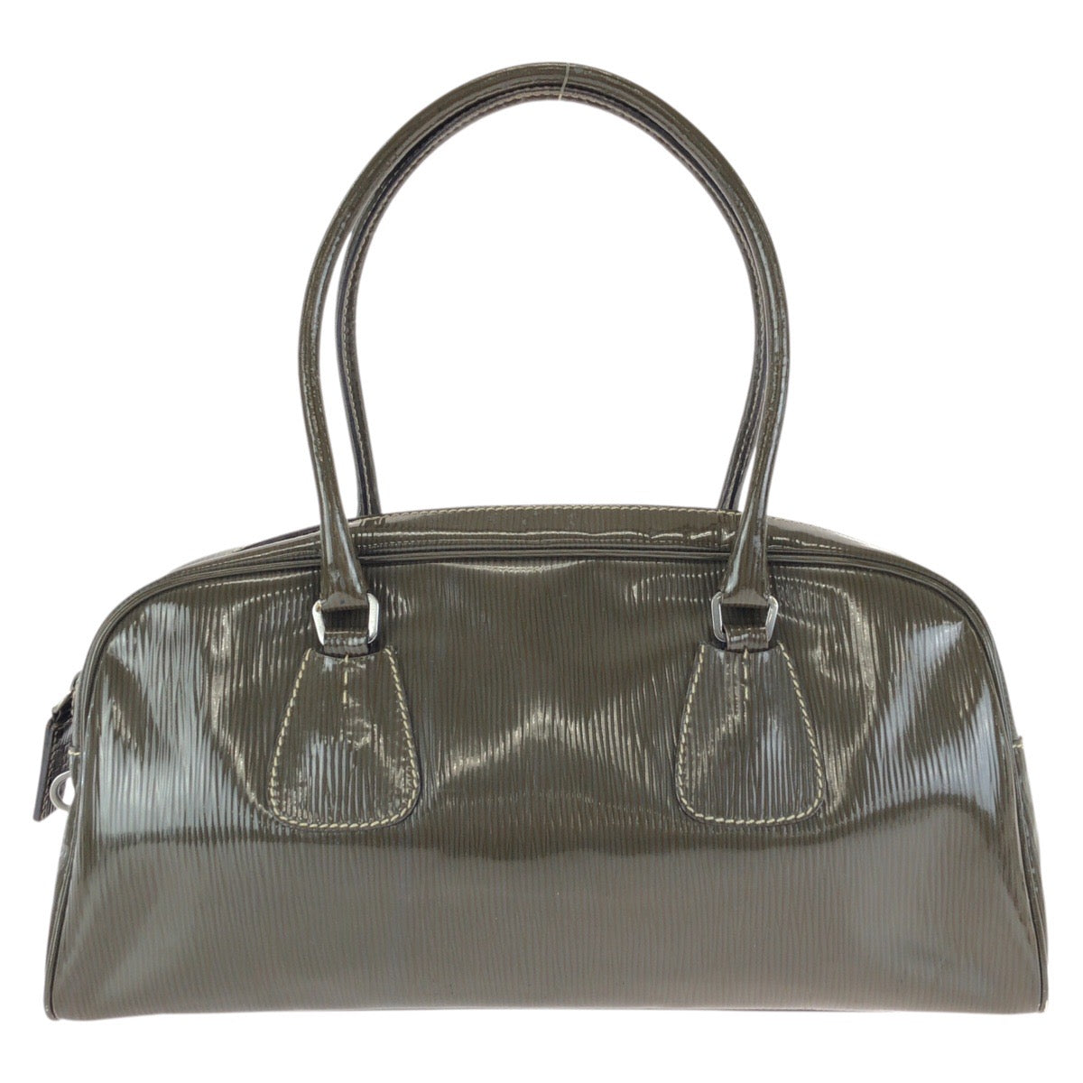 25111
PRADA プラダ ヴィンテージ 三角ロゴプレート カーキ シルバー金具 パテントレザー ハンドバッグ ショルダーバッグ レディース AB22