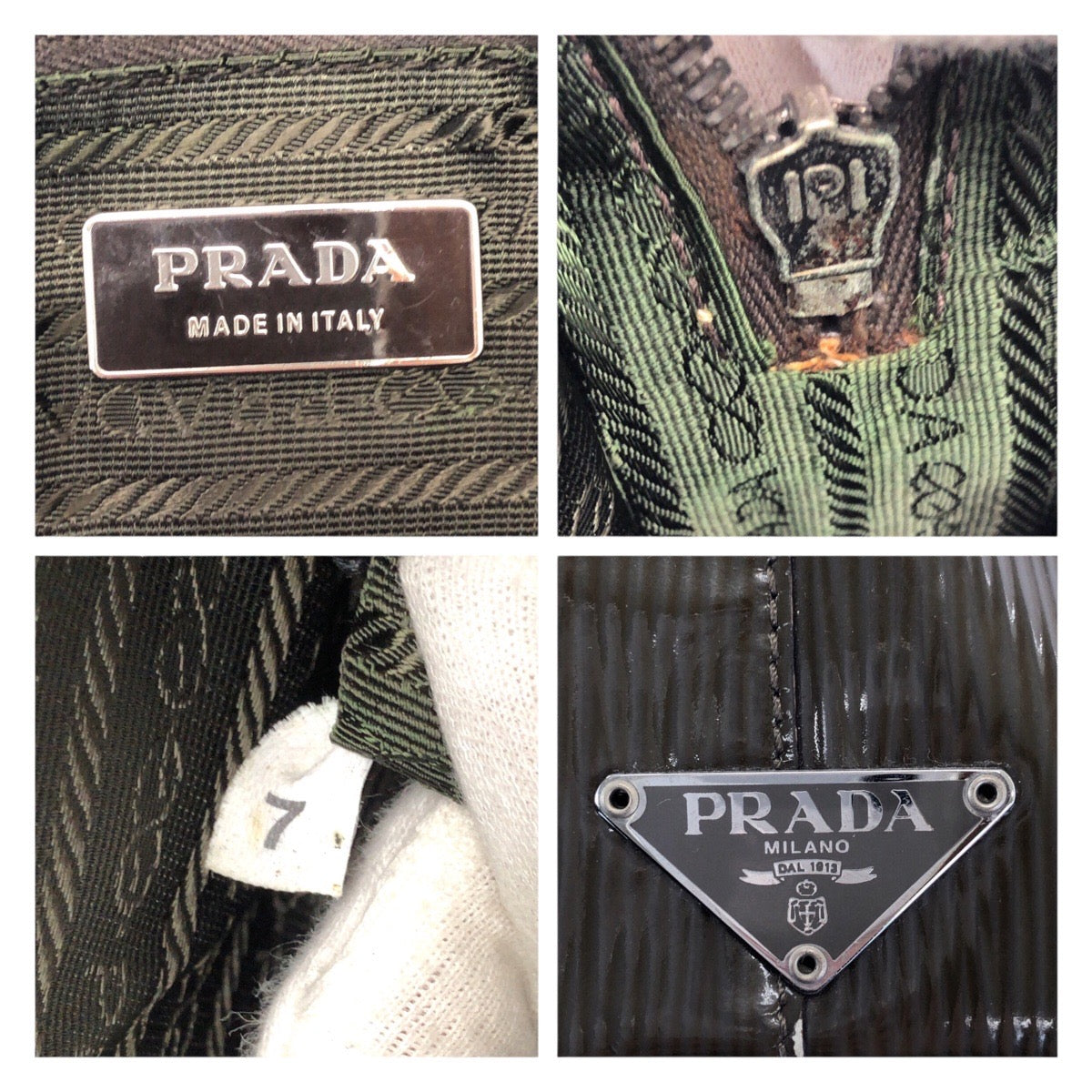 25111
PRADA プラダ ヴィンテージ 三角ロゴプレート カーキ シルバー金具 パテントレザー ハンドバッグ ショルダーバッグ レディース AB22