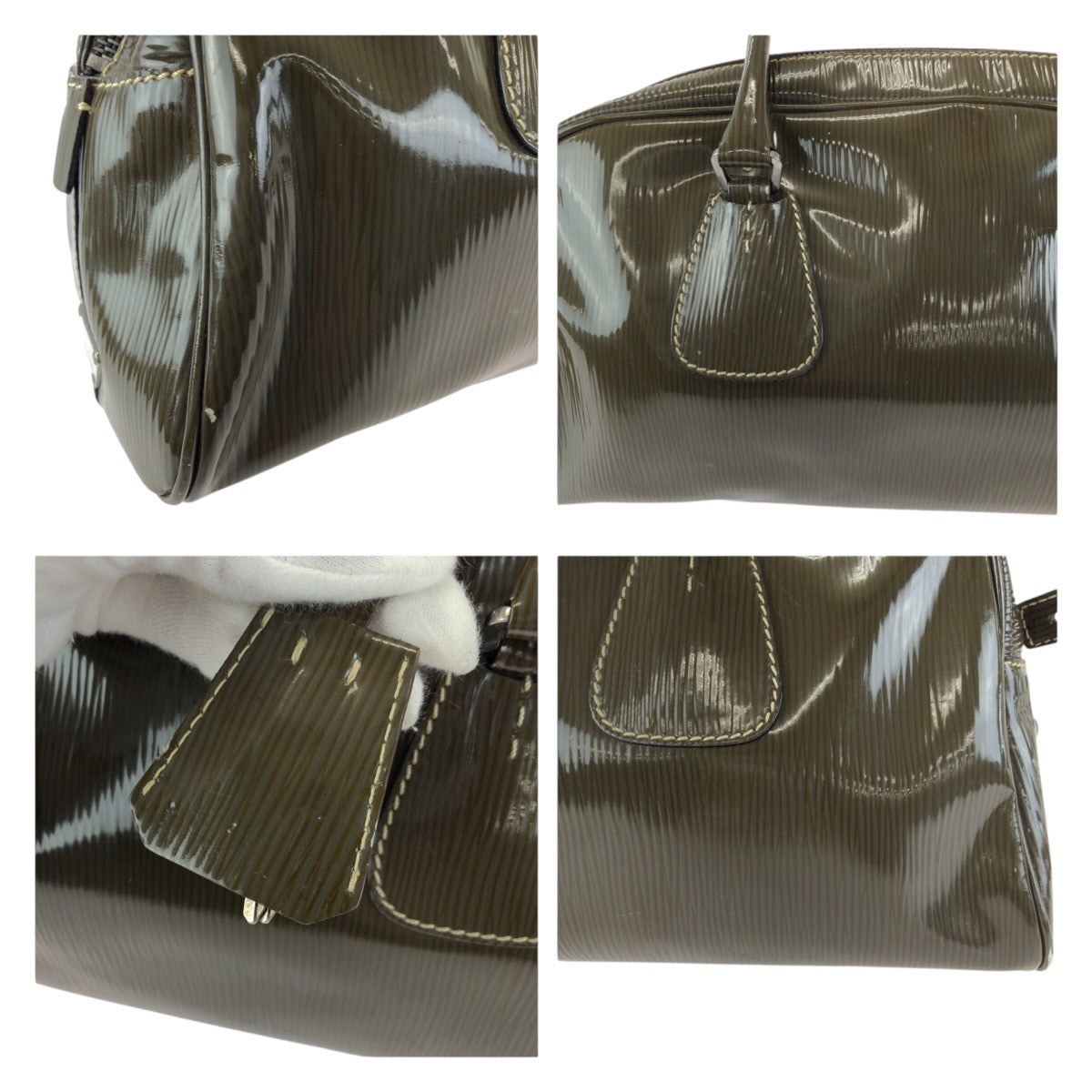 25111
PRADA プラダ ヴィンテージ 三角ロゴプレート カーキ シルバー金具 パテントレザー ハンドバッグ ショルダーバッグ レディース AB22