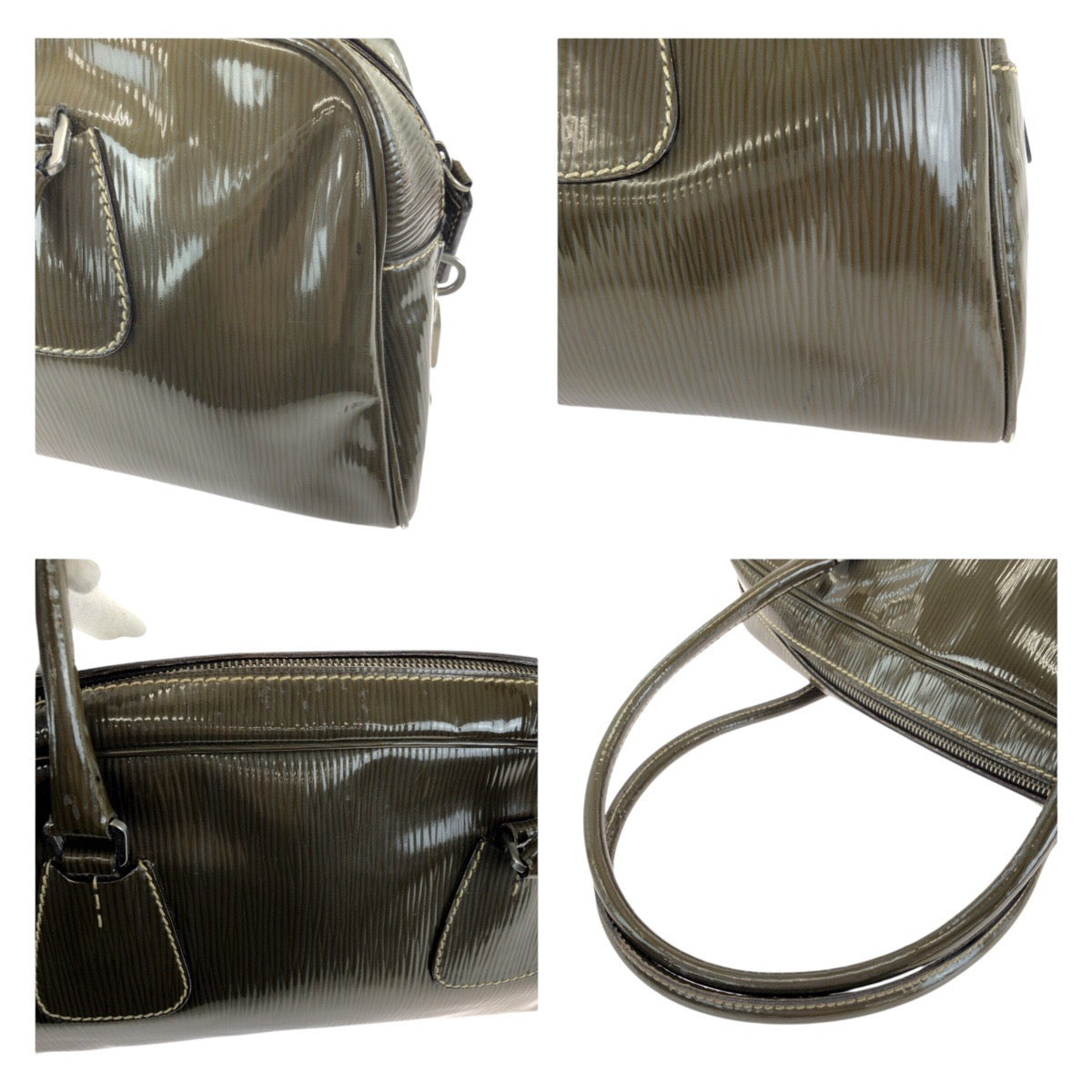 25111
PRADA プラダ ヴィンテージ 三角ロゴプレート カーキ シルバー金具 パテントレザー ハンドバッグ ショルダーバッグ レディース AB22