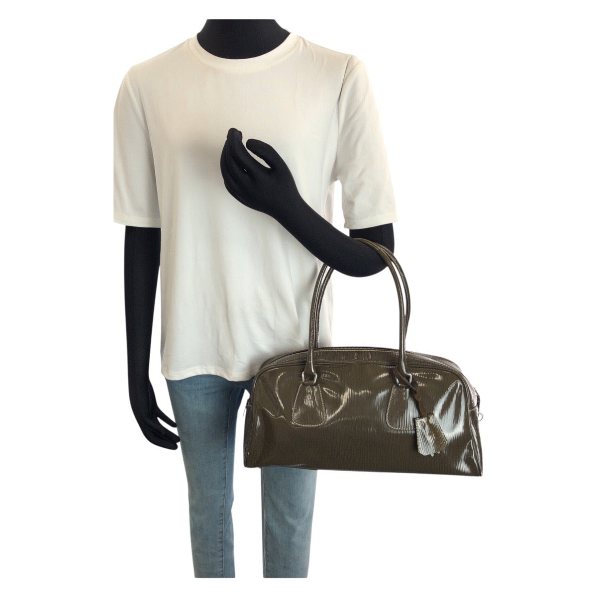 25111
PRADA プラダ ヴィンテージ 三角ロゴプレート カーキ シルバー金具 パテントレザー ハンドバッグ ショルダーバッグ レディース AB22