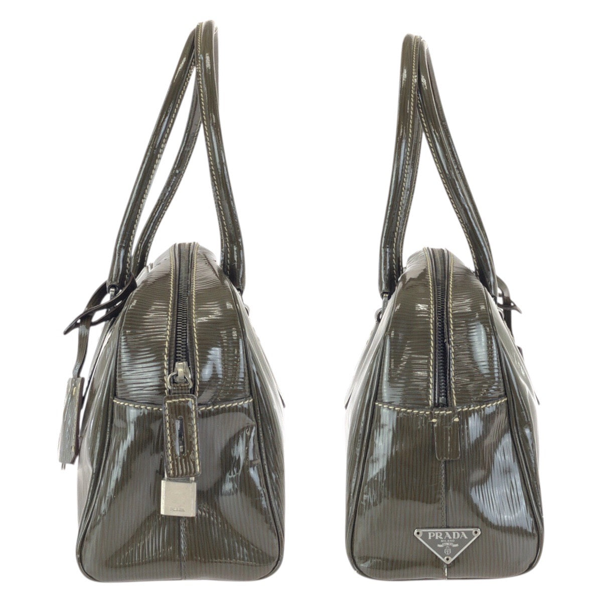 25111
PRADA プラダ ヴィンテージ 三角ロゴプレート カーキ シルバー金具 パテントレザー ハンドバッグ ショルダーバッグ レディース AB22