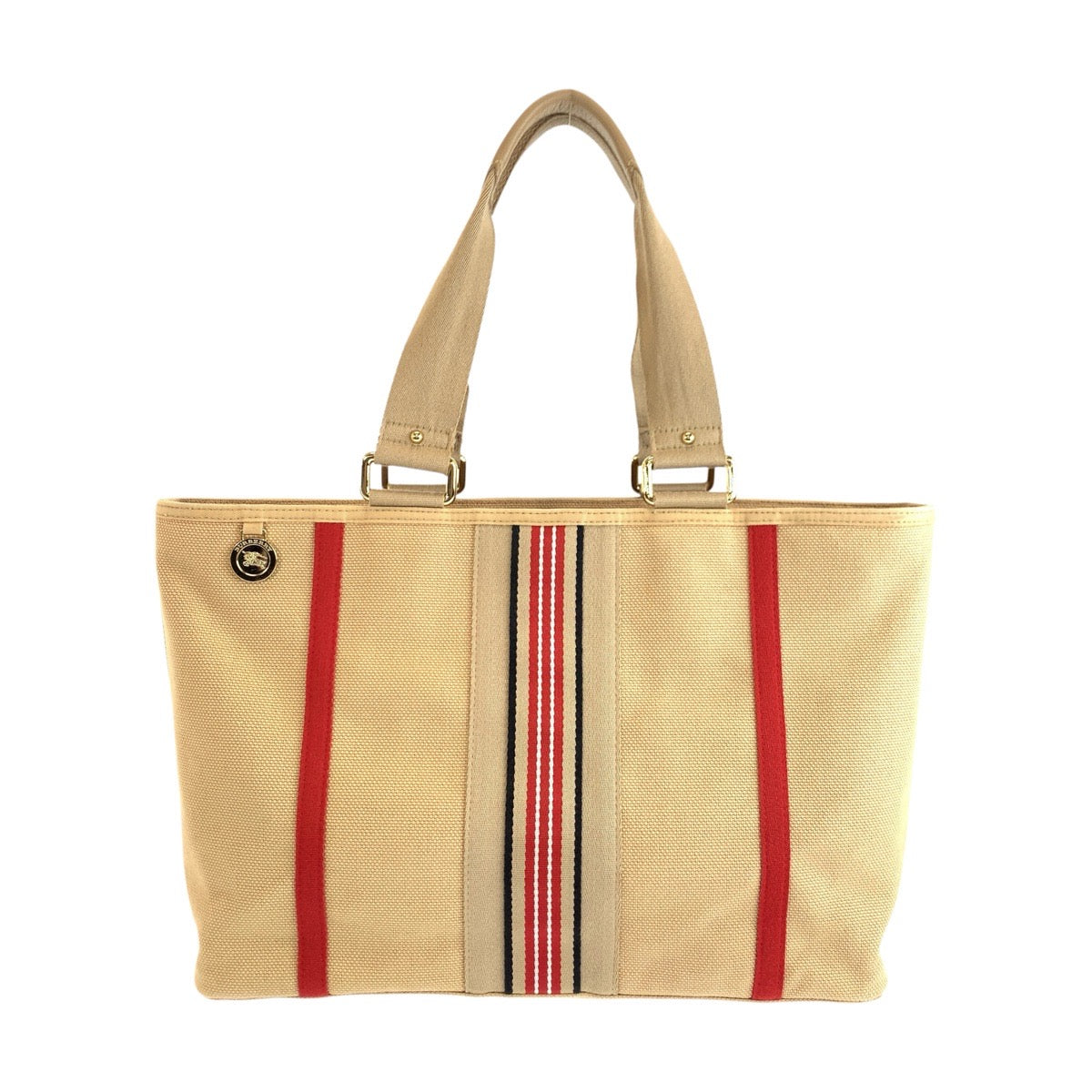 25117
BURBERRY バーバリー ベージュ レッド ゴールド金具 キャンバス トートバッグ ハンドバッグ レディース ABP35