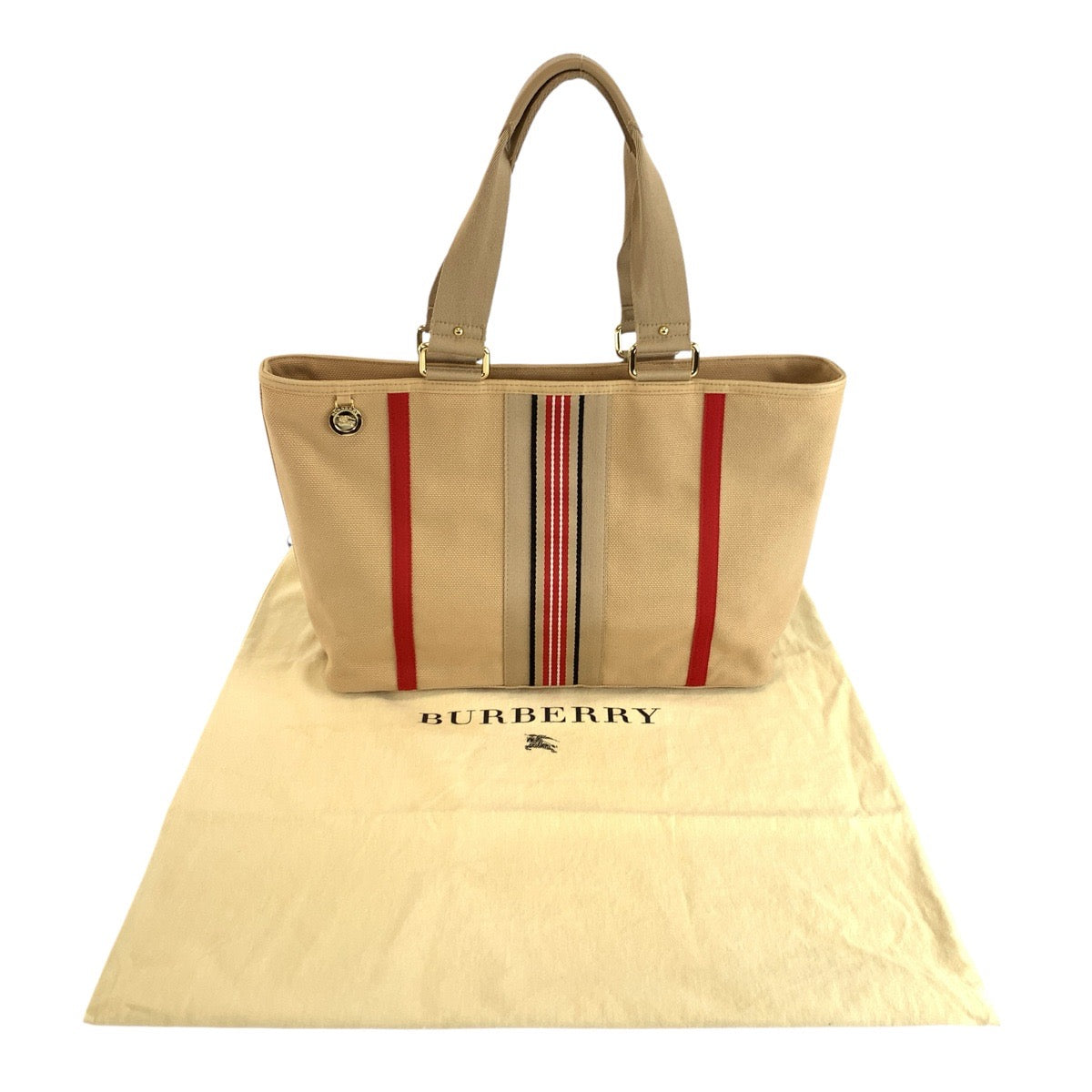 25117
BURBERRY バーバリー ベージュ レッド ゴールド金具 キャンバス トートバッグ ハンドバッグ レディース ABP35