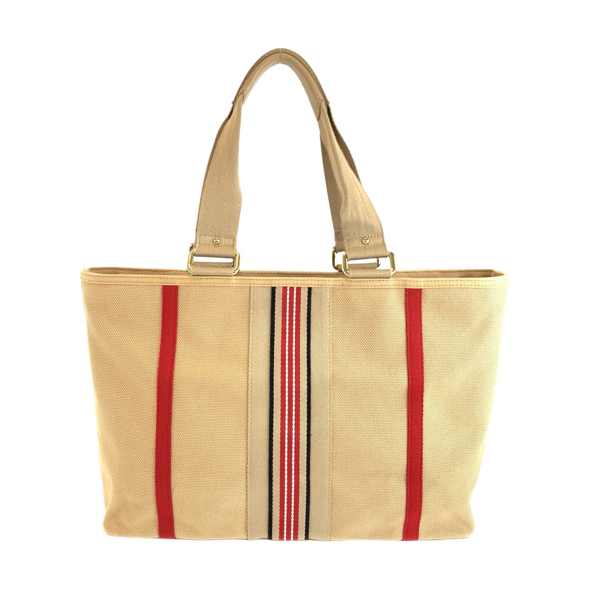 25117
BURBERRY バーバリー ベージュ レッド ゴールド金具 キャンバス トートバッグ ハンドバッグ レディース ABP35