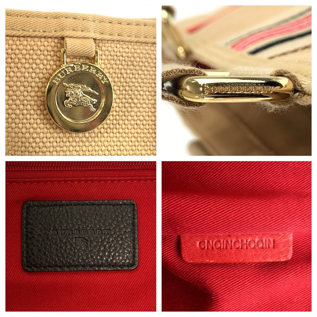 25117
BURBERRY バーバリー ベージュ レッド ゴールド金具 キャンバス トートバッグ ハンドバッグ レディース ABP35