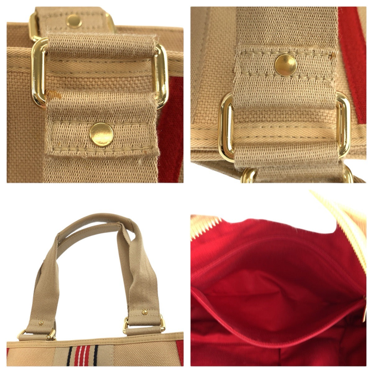 25117
BURBERRY バーバリー ベージュ レッド ゴールド金具 キャンバス トートバッグ ハンドバッグ レディース ABP35