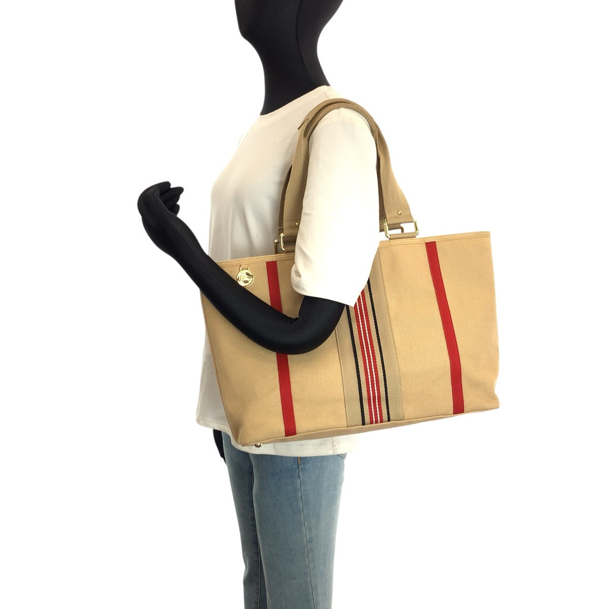 25117
BURBERRY バーバリー ベージュ レッド ゴールド金具 キャンバス トートバッグ ハンドバッグ レディース ABP35