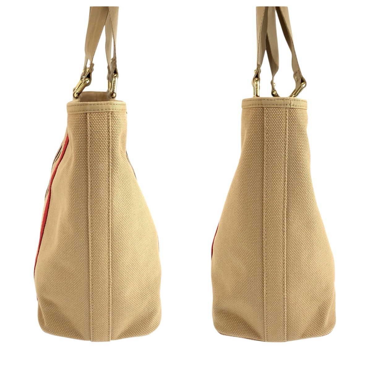 25117
BURBERRY バーバリー ベージュ レッド ゴールド金具 キャンバス トートバッグ ハンドバッグ レディース ABP35