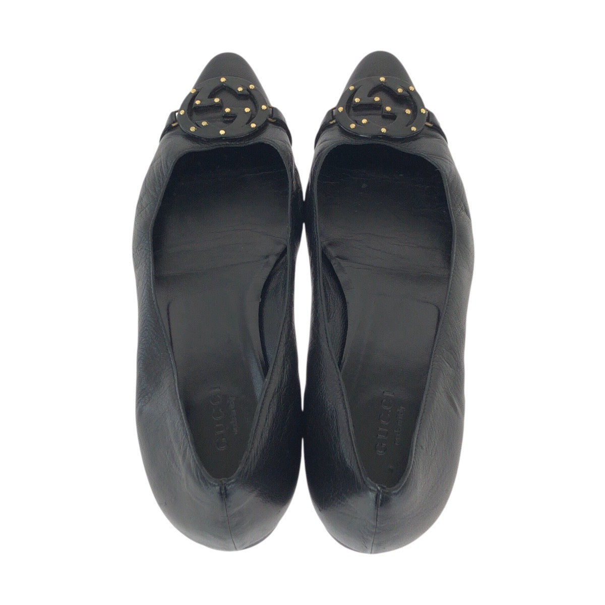 25147
GUCCI グッチ インターロッキングG スタッズ サイズ38 ブラック 黒 ゴールド金具 レザー 121186 パンプス レディース AB10