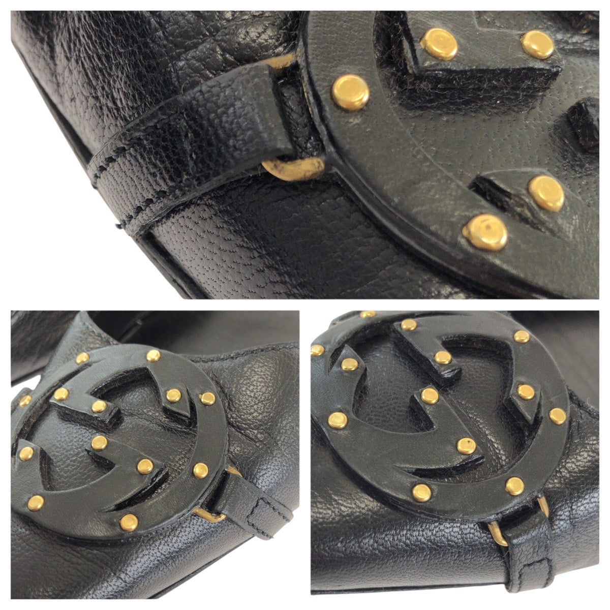 25147
GUCCI グッチ インターロッキングG スタッズ サイズ38 ブラック 黒 ゴールド金具 レザー 121186 パンプス レディース AB10