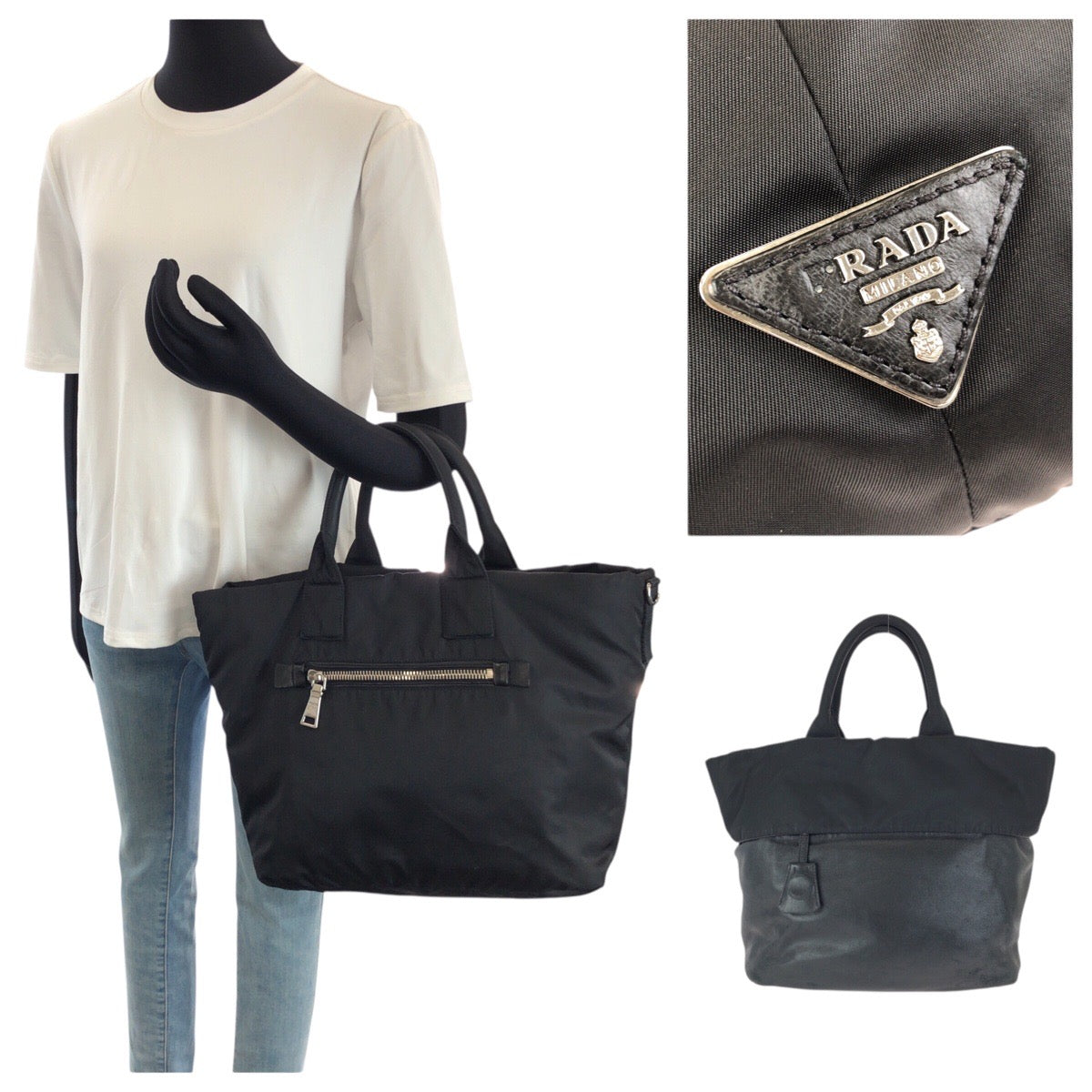 25154
PRADA プラダ テスートダブル 三角ロゴプレート 2way リバーシブル ブラック 黒 シルバー金具 ナイロン / レザー トートバッグ ショルダーバッグ レディース AB28