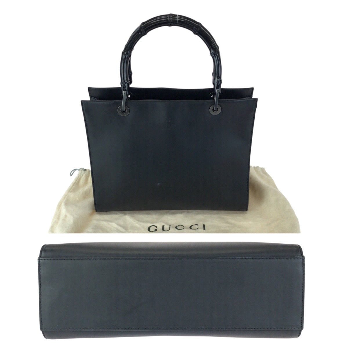25169
GUCCI グッチ バンブー ブラック 黒 ガンメタ金具 スムースレザー 002 1016 トートバッグ ハンドバッグ レディース AB28