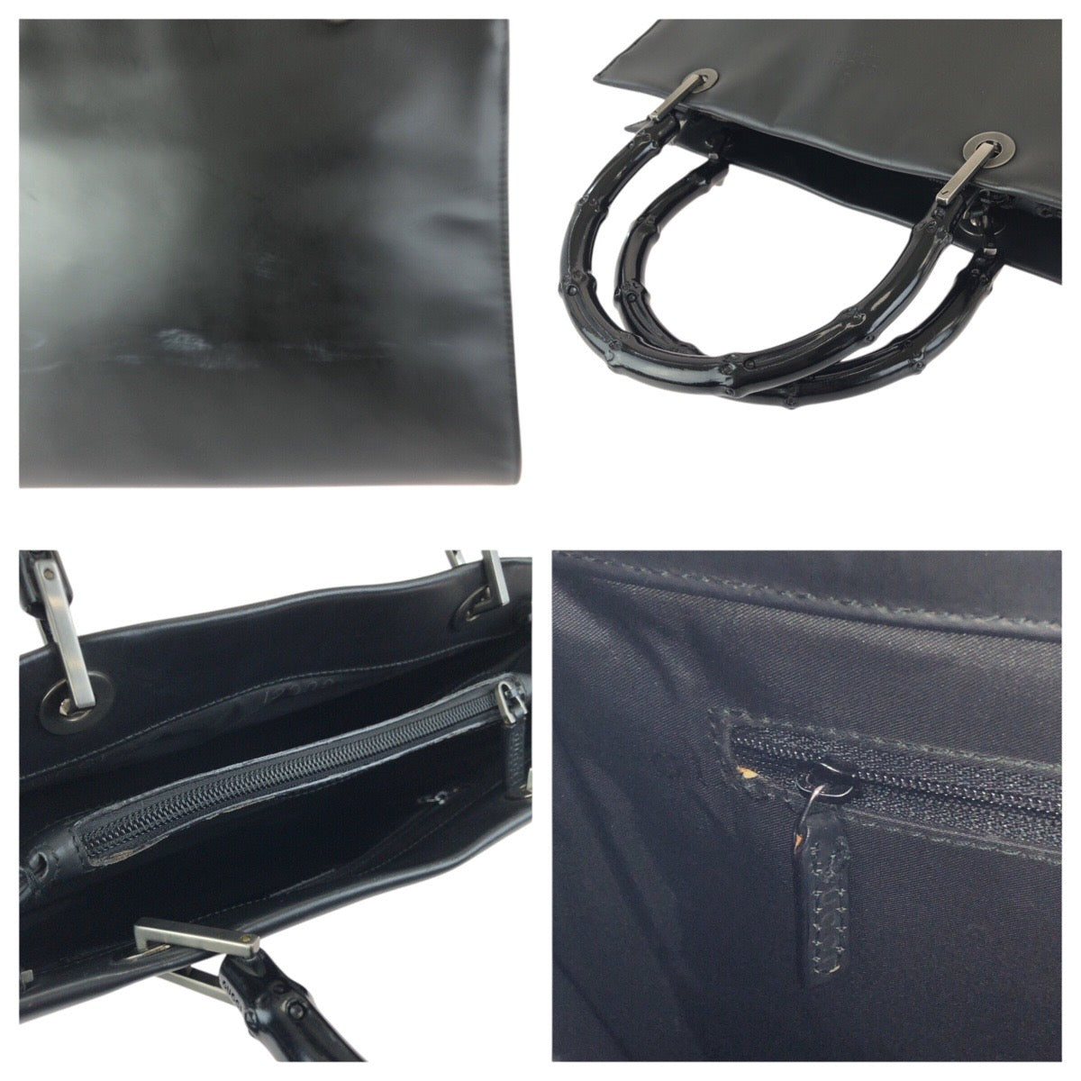 25169
GUCCI グッチ バンブー ブラック 黒 ガンメタ金具 スムースレザー 002 1016 トートバッグ ハンドバッグ レディース AB28