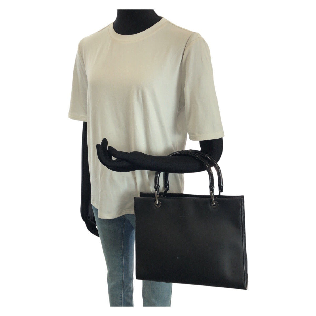 25169
GUCCI グッチ バンブー ブラック 黒 ガンメタ金具 スムースレザー 002 1016 トートバッグ ハンドバッグ レディース AB28