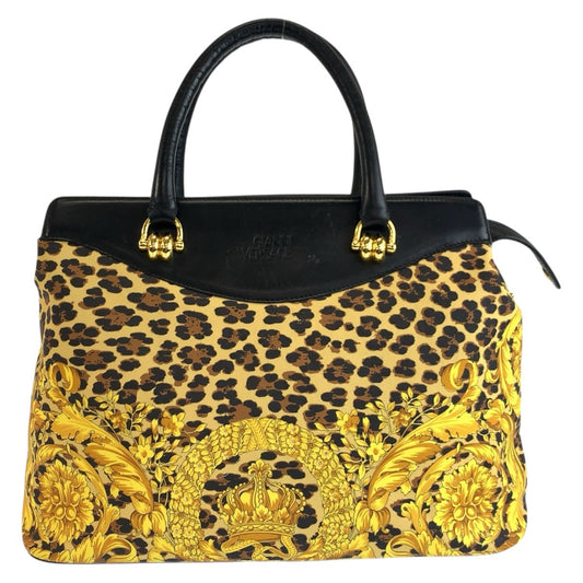 25170
VERSACE ヴェルサーチ レオパード柄 イエロー ブラック ゴールド金具 PVC / レザー トートバッグ ハンドバッグ レディース AB35