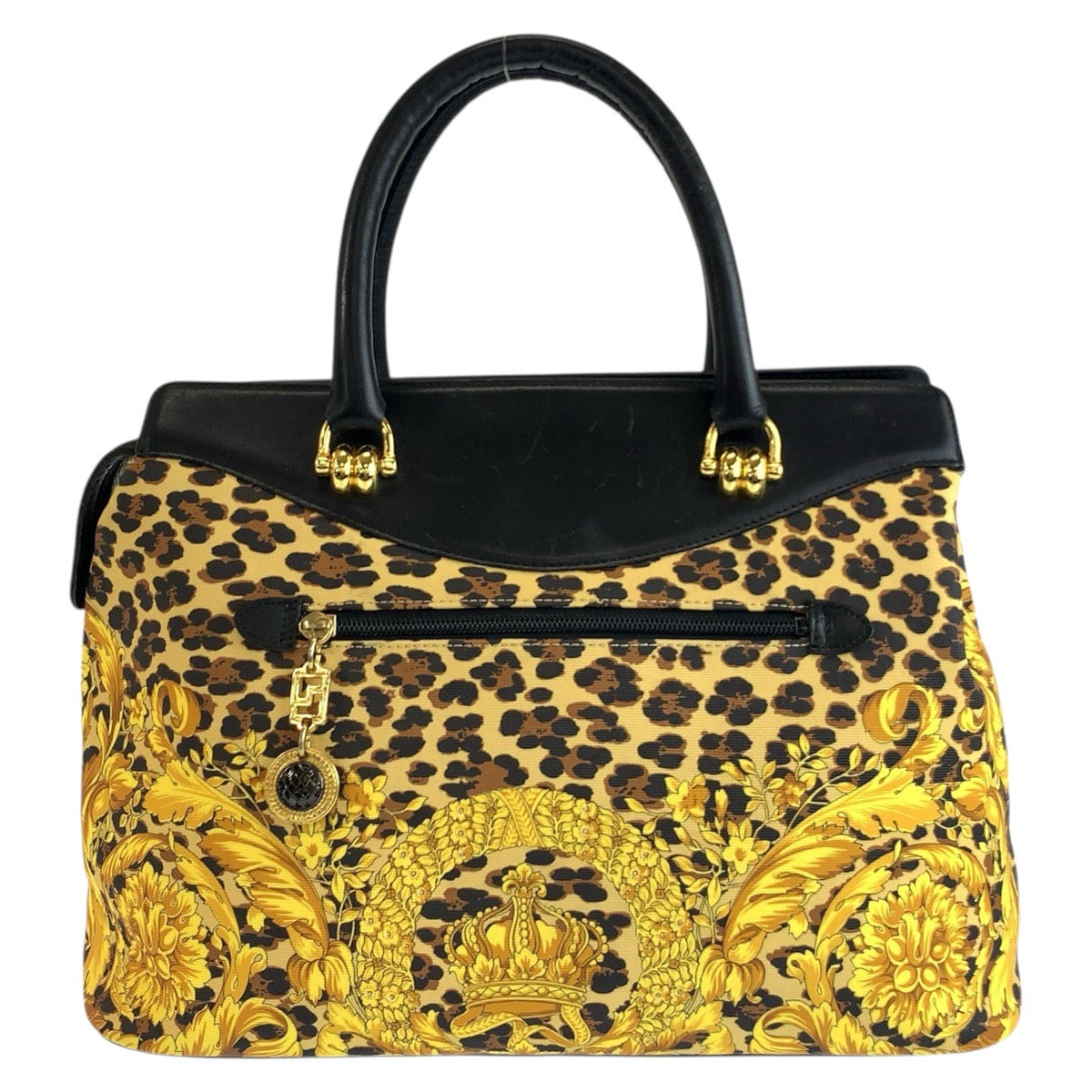 25170
VERSACE ヴェルサーチ レオパード柄 イエロー ブラック ゴールド金具 PVC / レザー トートバッグ ハンドバッグ レディース AB35