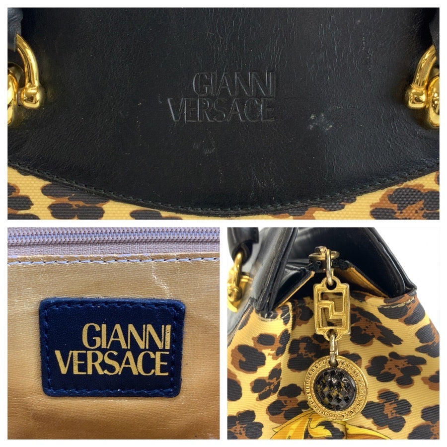 25170
VERSACE ヴェルサーチ レオパード柄 イエロー ブラック ゴールド金具 PVC / レザー トートバッグ ハンドバッグ レディース AB35
