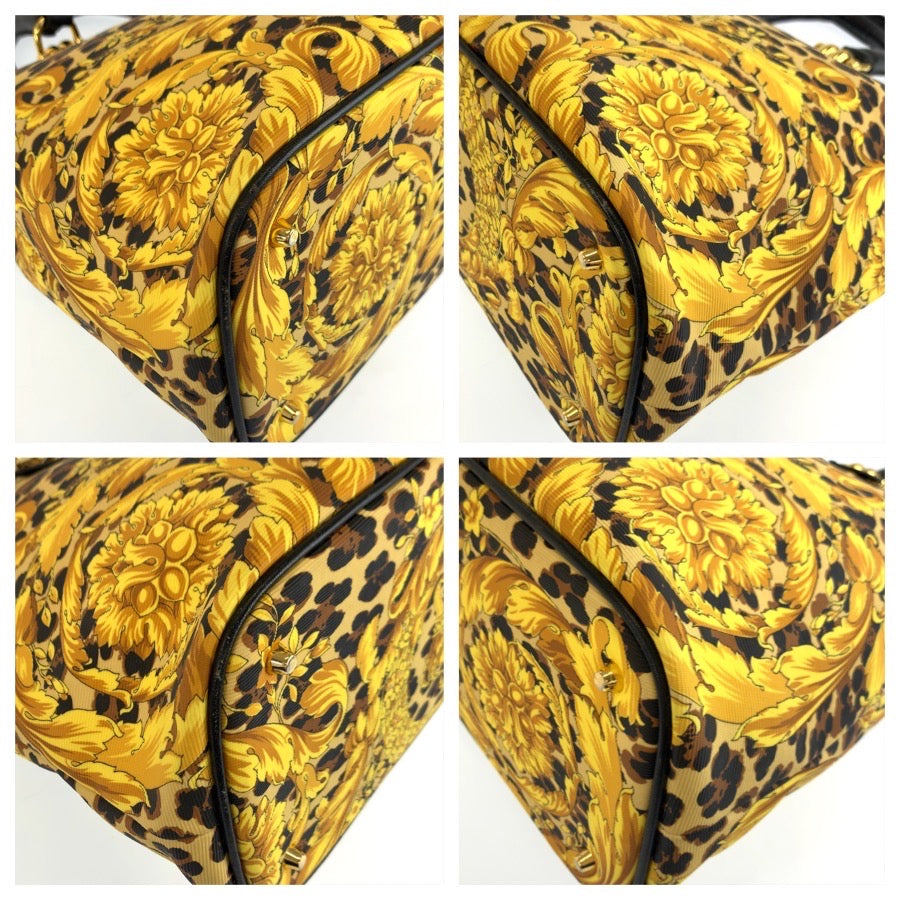 25170
VERSACE ヴェルサーチ レオパード柄 イエロー ブラック ゴールド金具 PVC / レザー トートバッグ ハンドバッグ レディース AB35