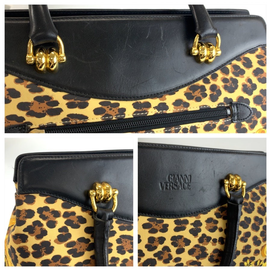 25170
VERSACE ヴェルサーチ レオパード柄 イエロー ブラック ゴールド金具 PVC / レザー トートバッグ ハンドバッグ レディース AB35