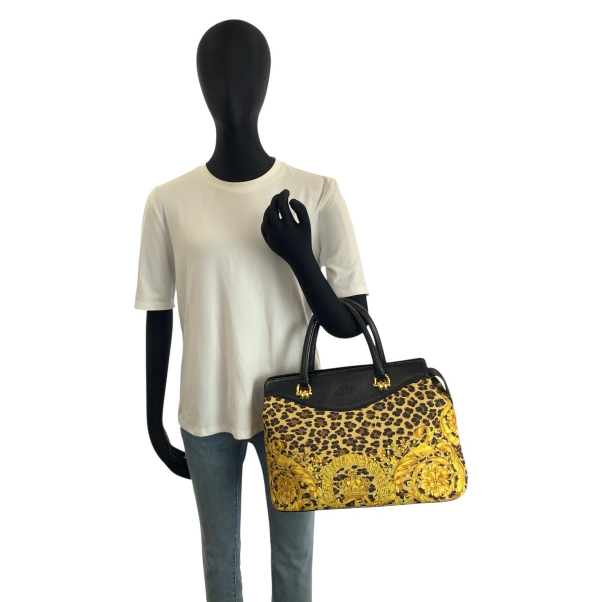 25170
VERSACE ヴェルサーチ レオパード柄 イエロー ブラック ゴールド金具 PVC / レザー トートバッグ ハンドバッグ レディース AB35