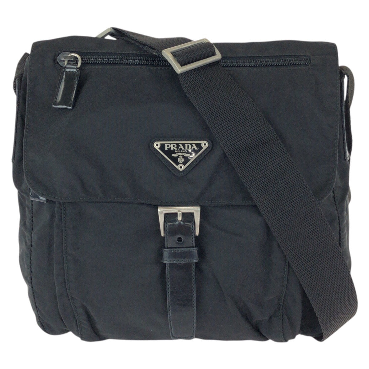 25183
PRADA プラダ テスート 三角ロゴプレート ブラック 黒 シルバー金具 ナイロン / レザー ショルダーバッグ メッセンジャーバッグ レディース ABP38