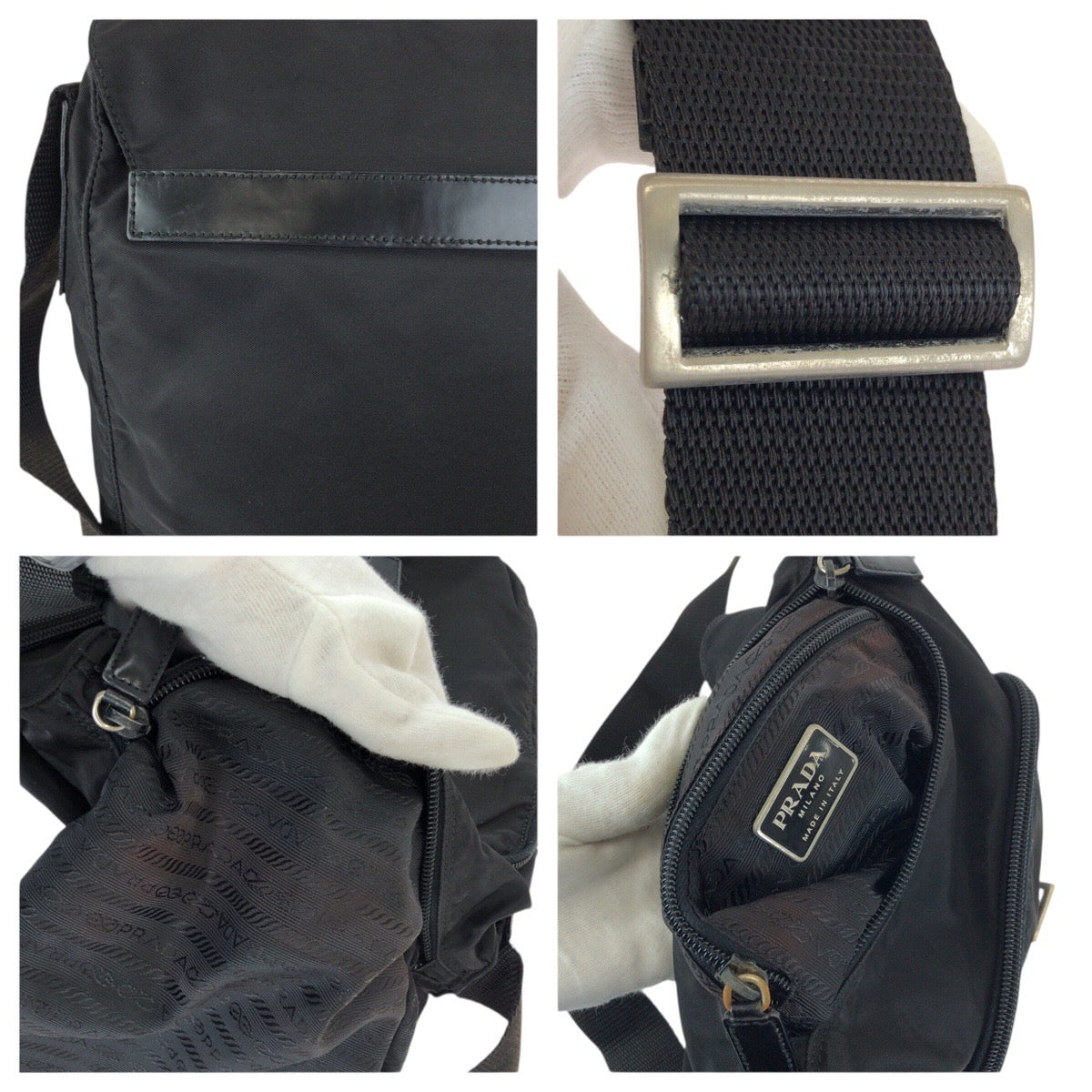 25183
PRADA プラダ テスート 三角ロゴプレート ブラック 黒 シルバー金具 ナイロン / レザー ショルダーバッグ メッセンジャーバッグ レディース ABP38