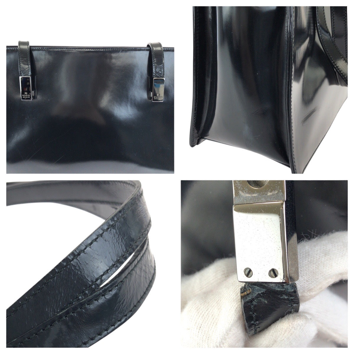 25184
GUCCI グッチ ブラック 黒 シルバー金具 エナメル 001 3264 ショルダーバッグ トートバッグ レディース AB28