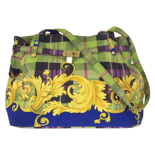 25191
VERSACE ヴェルサーチ ヴィンテージ タータンバロック ブルー グリーン イエロー キャンバス ショルダーバッグ トートバッグ レディース AB35