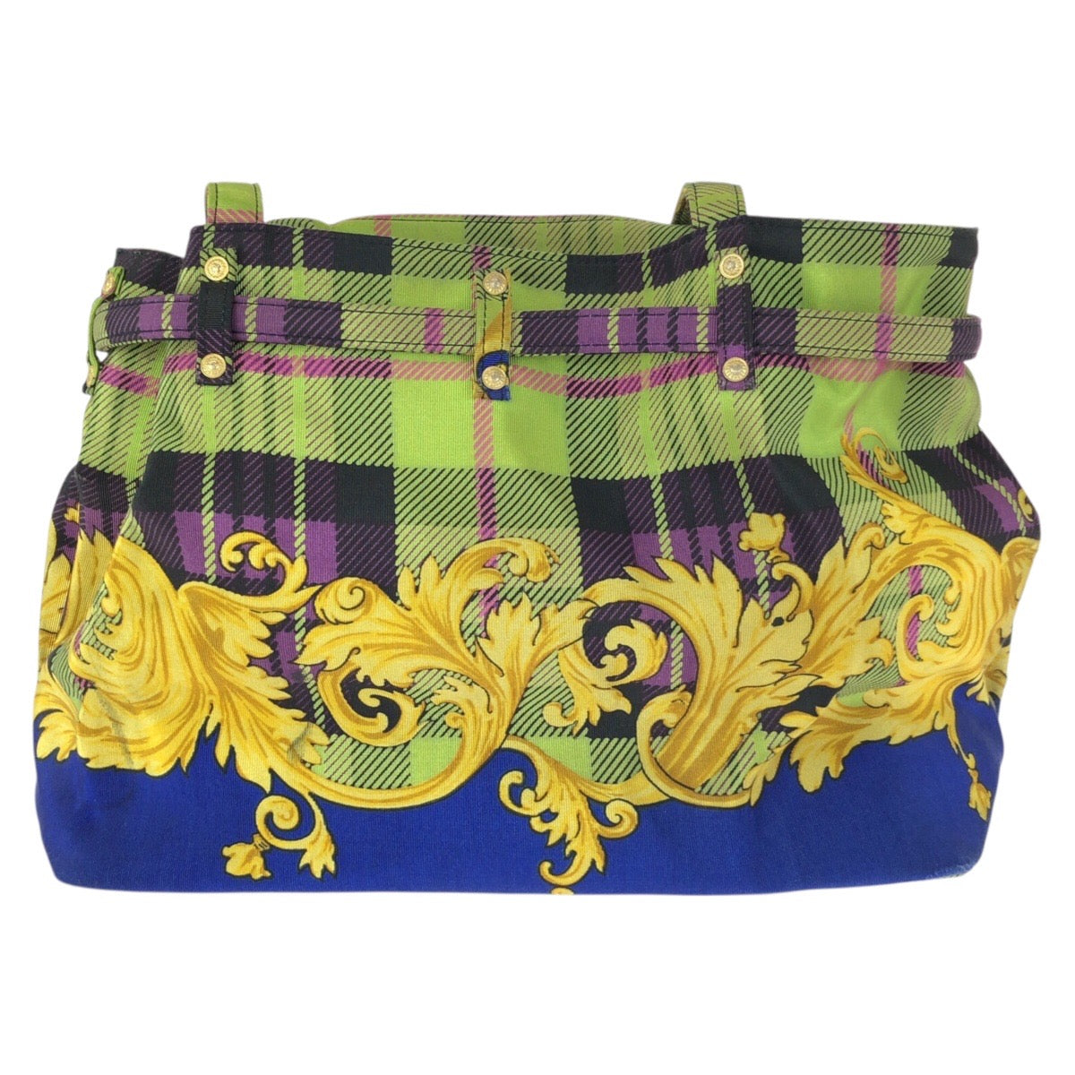 25191
VERSACE ヴェルサーチ ヴィンテージ タータンバロック ブルー グリーン イエロー キャンバス ショルダーバッグ トートバッグ レディース AB35
