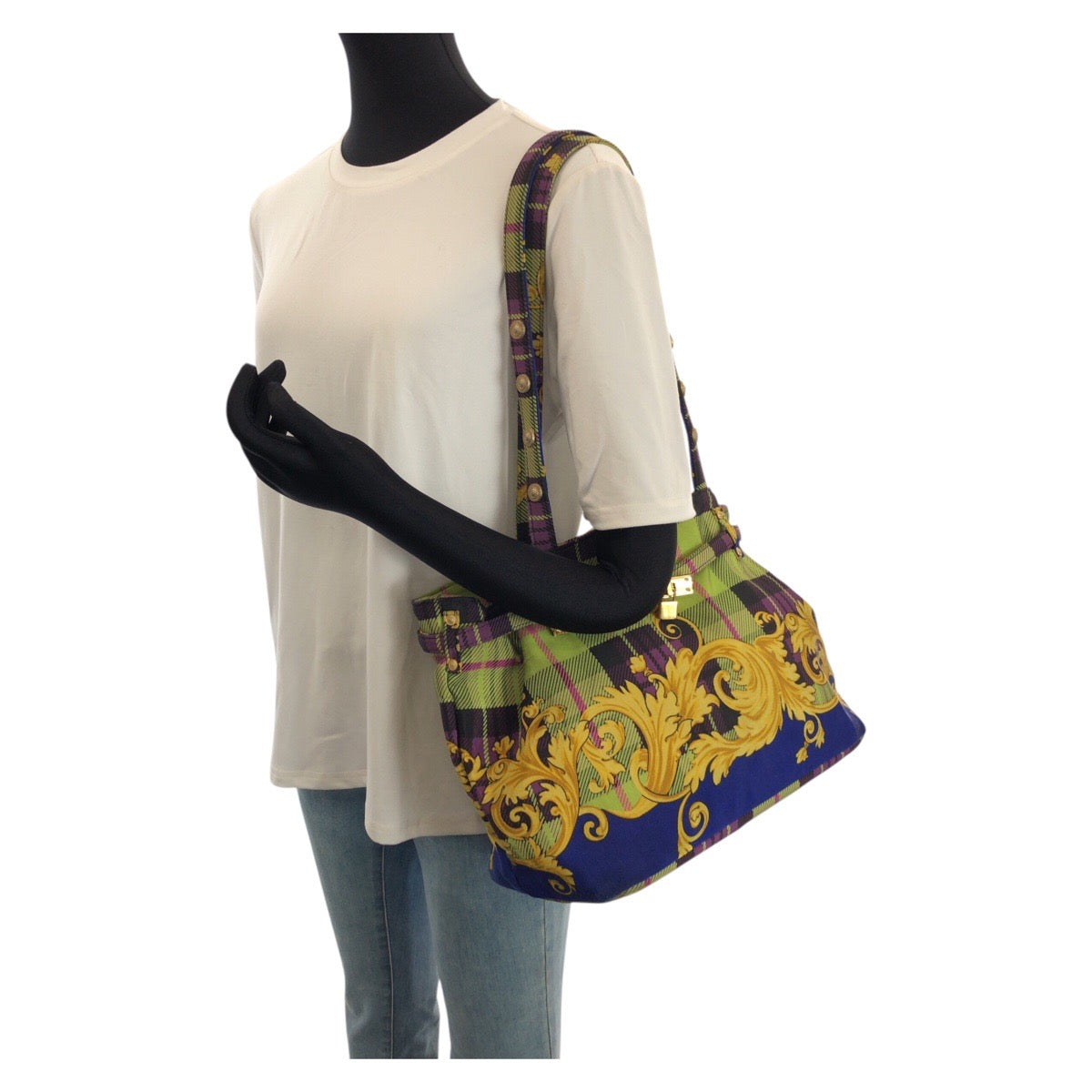25191
VERSACE ヴェルサーチ ヴィンテージ タータンバロック ブルー グリーン イエロー キャンバス ショルダーバッグ トートバッグ レディース AB35