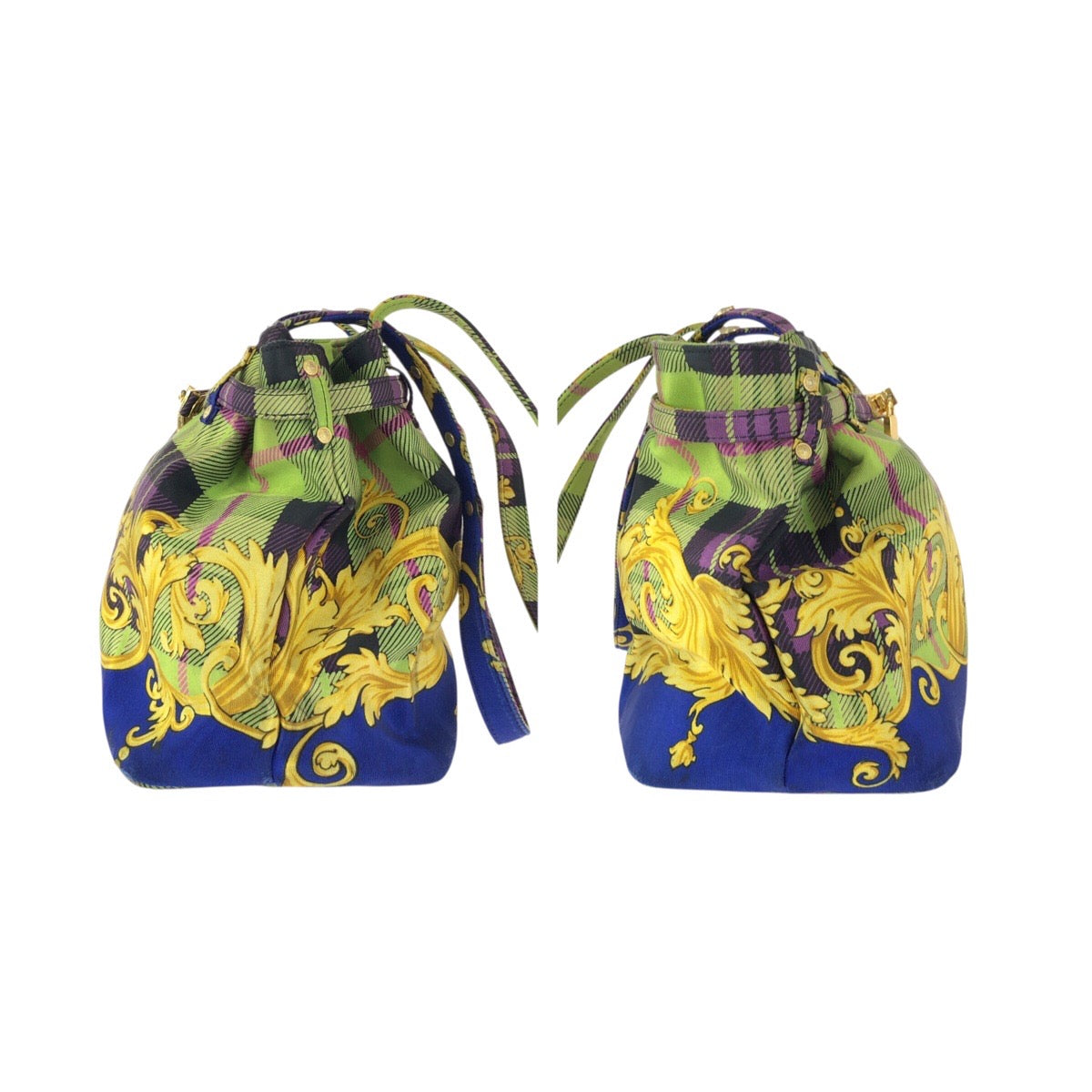 25191
VERSACE ヴェルサーチ ヴィンテージ タータンバロック ブルー グリーン イエロー キャンバス ショルダーバッグ トートバッグ レディース AB35