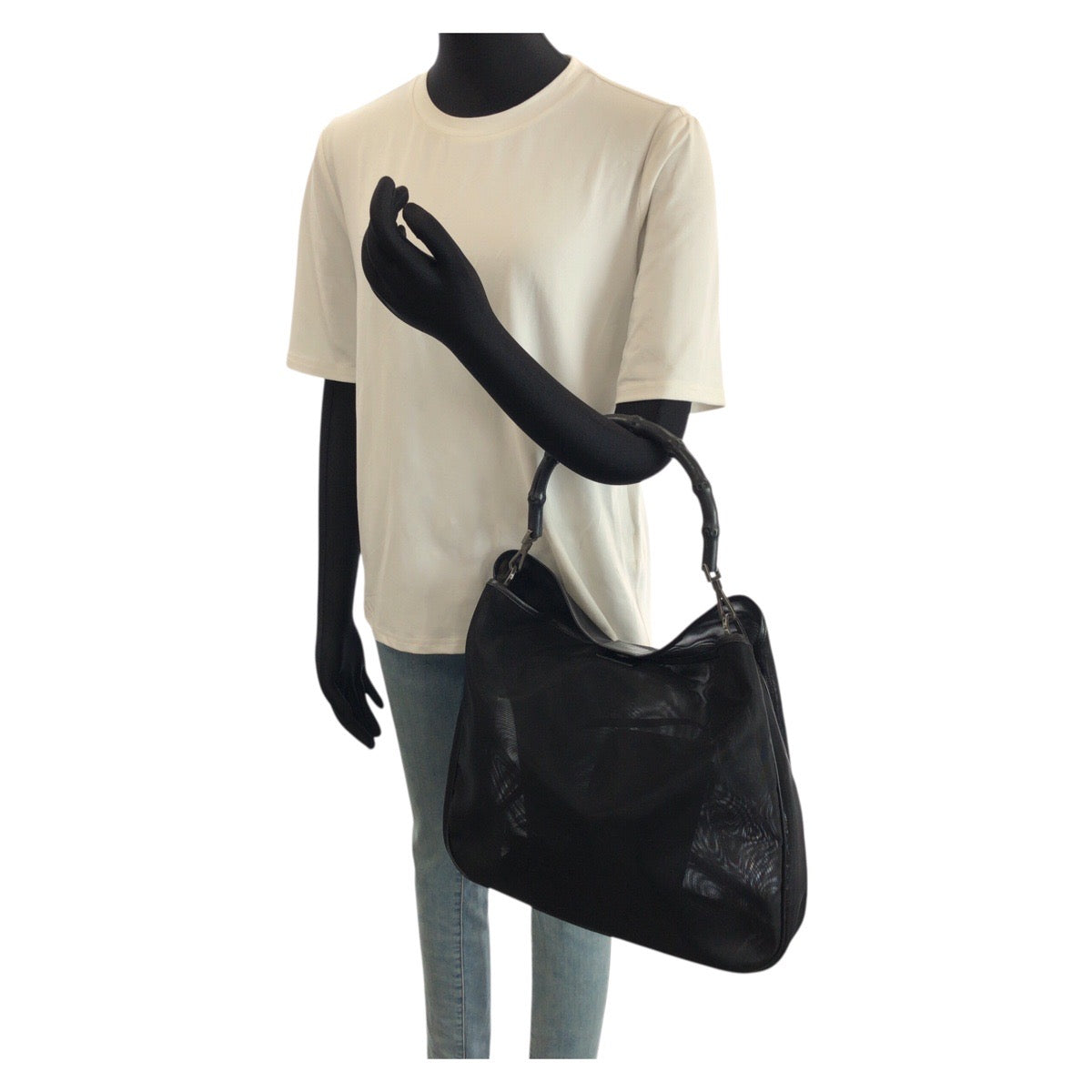 25221
GUCCI グッチ バンブー ブラック 黒 ガンメタ金具 ナイロン / レザー 001 5577 トートバッグ ショルダーバッグ レディース A35