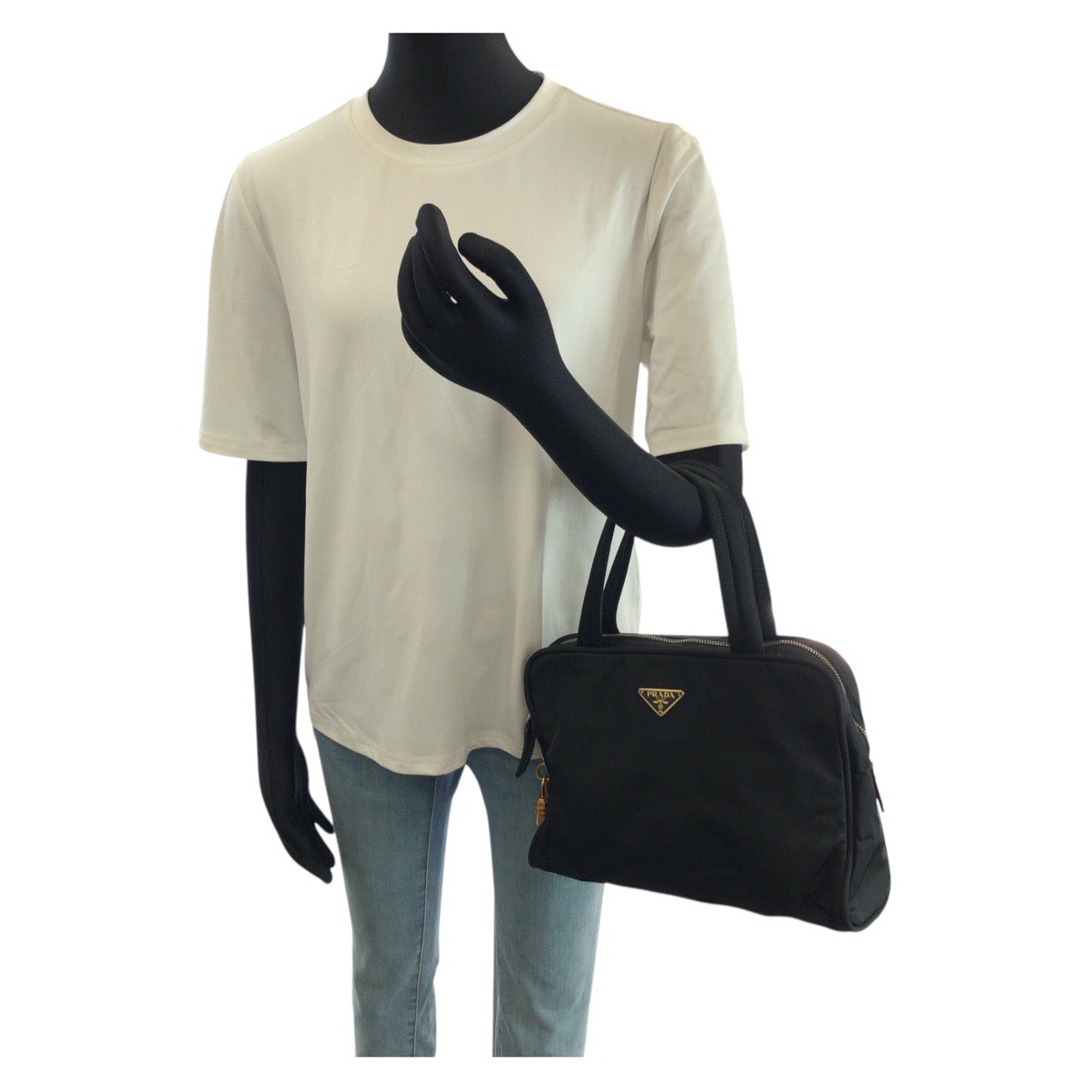 25223
PRADA プラダ テスート 三角ロゴプレート ブラック 黒 ゴールド金具 ナイロン / レザー トートバッグ ハンドバッグ レディース AB28