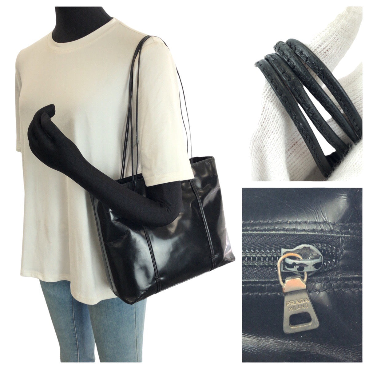 25235
PRADA プラダ ヴィンテージ ブラック 黒 シルバー金具 エナメル トートバッグ ショルダーバッグ レディース AB28