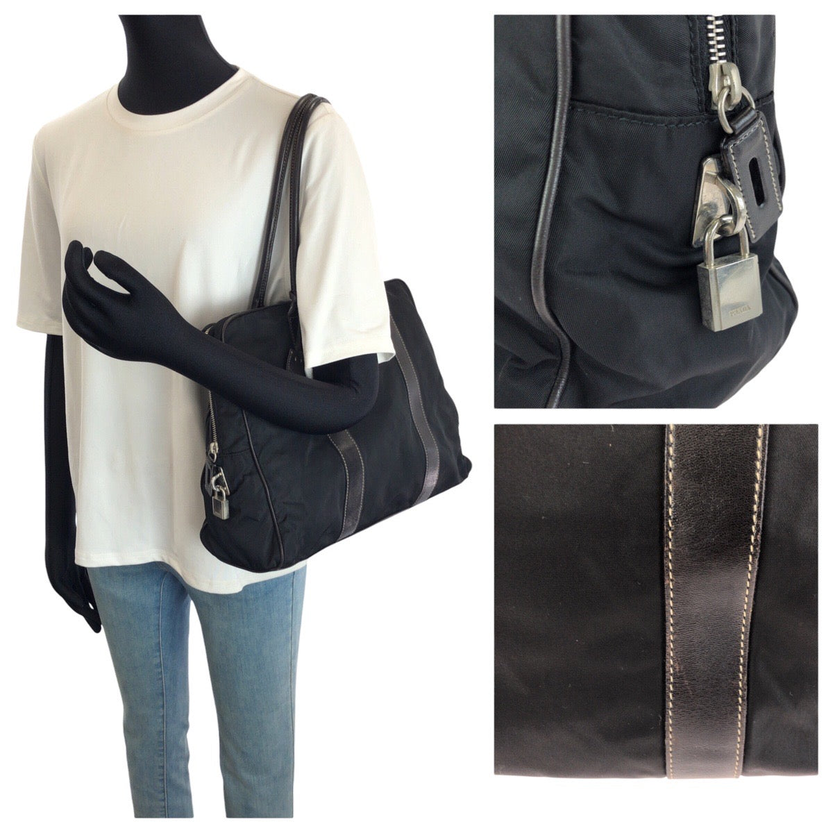 25244
PRADA プラダ テスート 三角ロゴプレート ブラック 黒 シルバー金具 ナイロン / レザー トートバッグ ショルダーバッグ レディース AB28