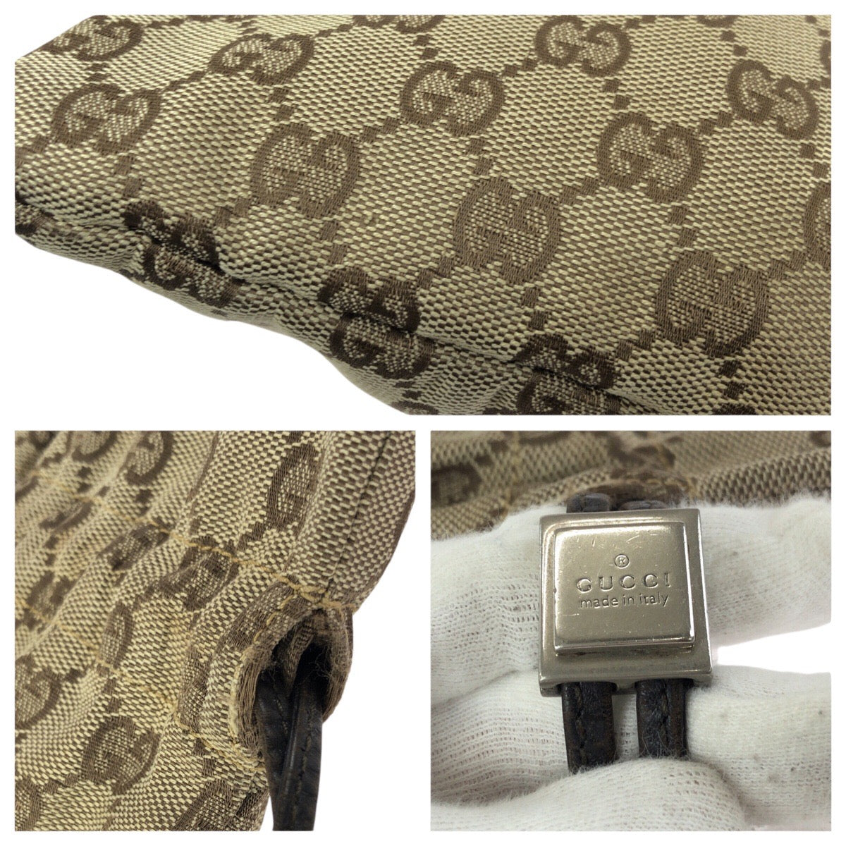 25255
GUCCI グッチ ドローストリング ベージュ ブラウン シルバー金具 GGキャンバス / レザー 004 1137 ポーチ 小物入れ 男女兼用 レディース AB14