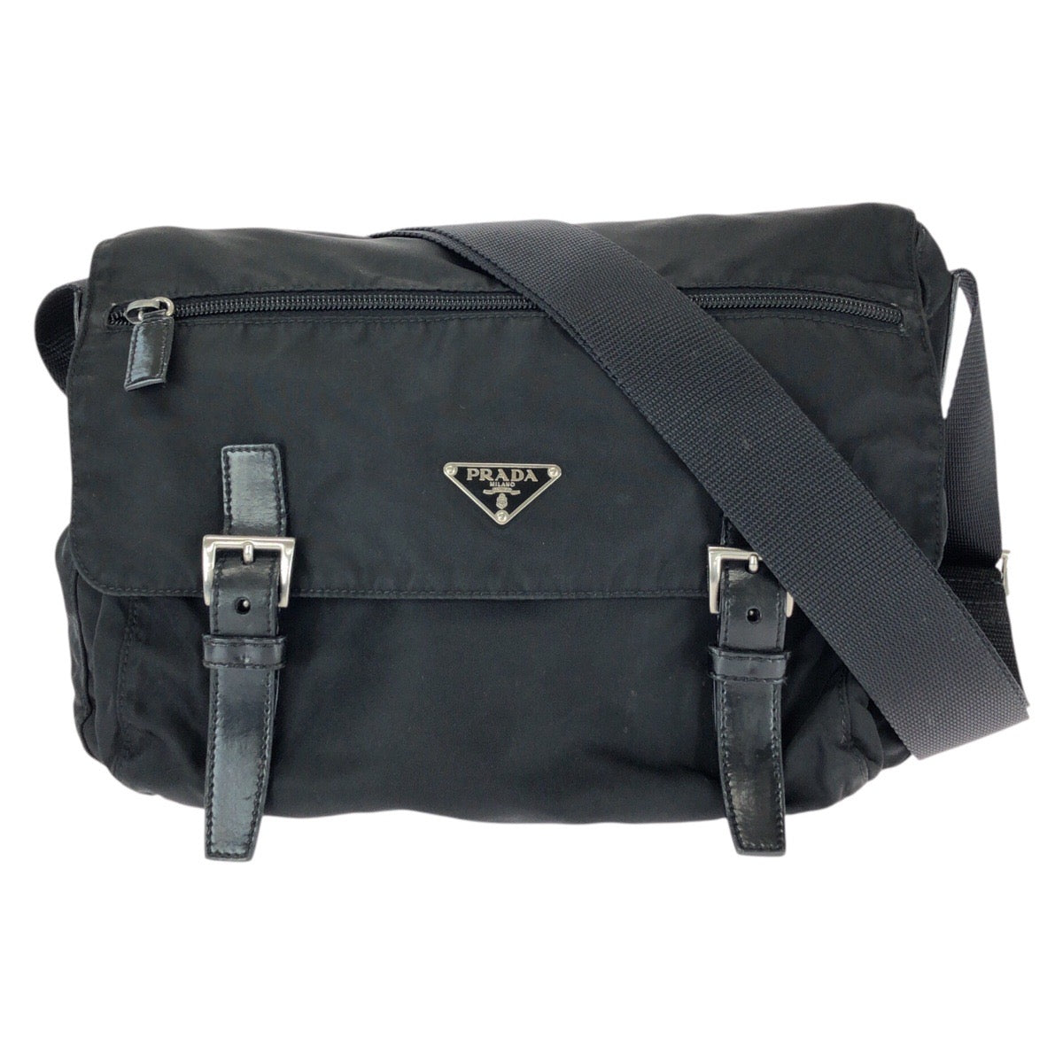 25261
PRADA プラダ テスート 三角ロゴプレート ブラック 黒 シルバー金具 ナイロン / レザー ショルダーバッグ メッセンジャーバッグ レディース ABP42