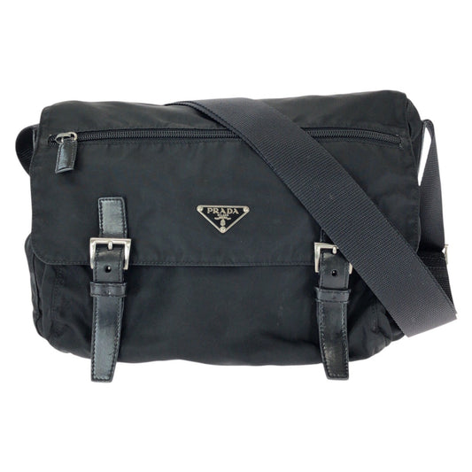 25261
PRADA プラダ テスート 三角ロゴプレート ブラック 黒 シルバー金具 ナイロン / レザー ショルダーバッグ メッセンジャーバッグ レディース ABP42