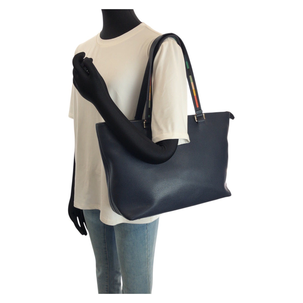25268
Paul Smith ポール スミス アーティストストライプ ネイビー シルバー金具 レザー トートバッグ ショルダーバッグ メンズ A14