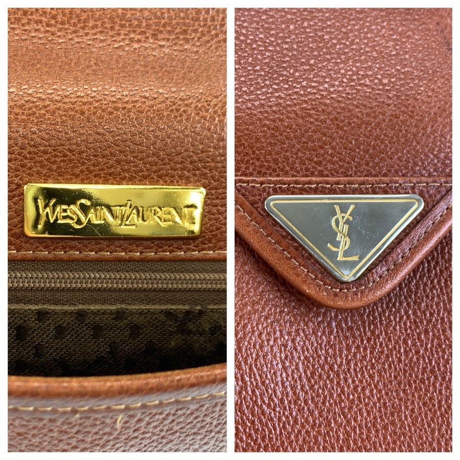25273
YVES SAINT LAURENT イヴ サンローラン ヴィンテージ YSL ブラウン ゴールド金具 レザー ショルダーバッグ ポシェット レディース AB35