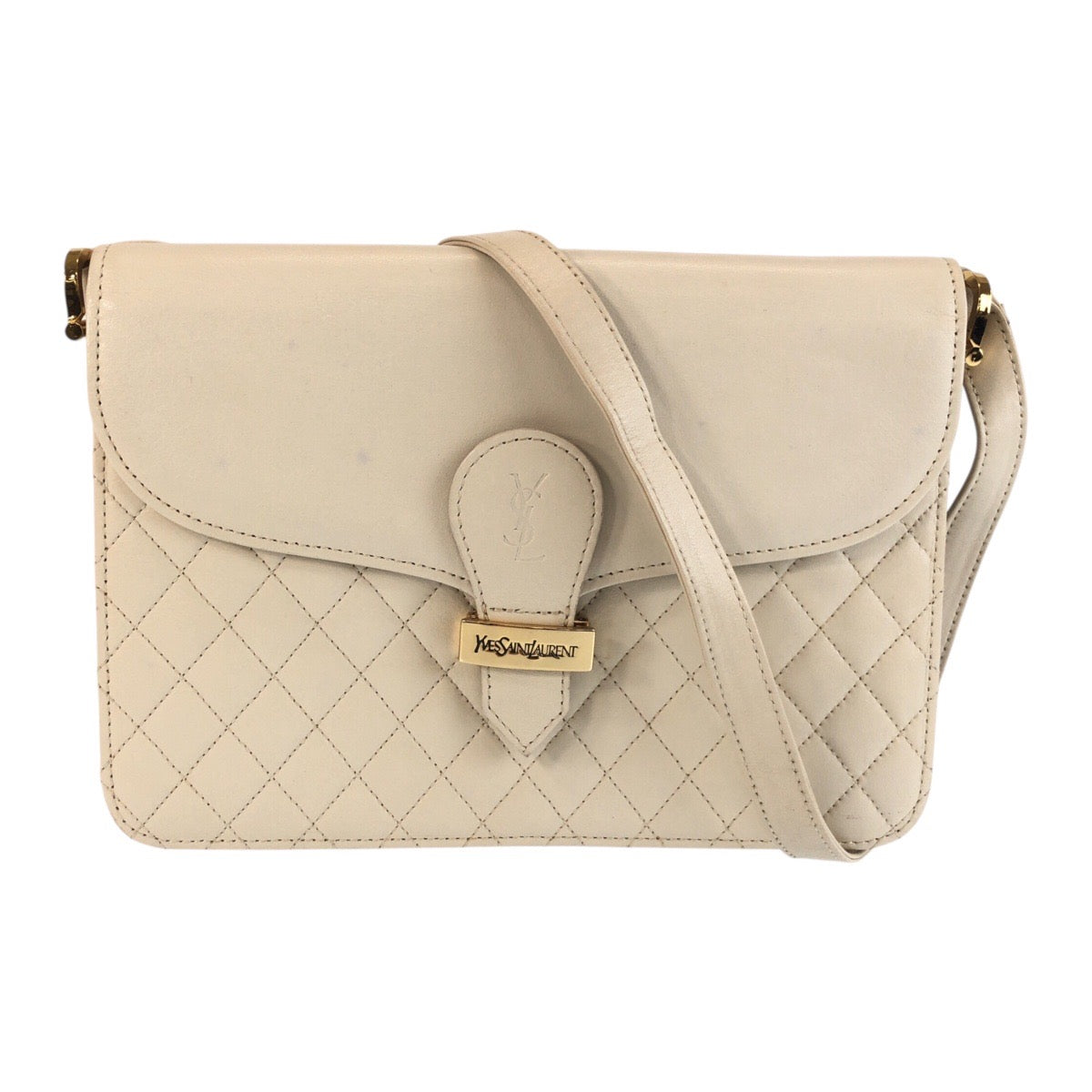 25278
YVES SAINT LAURENT イヴ サンローラン YSL キルティング ホワイト ゴールド金具 レザー ショルダーバッグ レディース ABP35