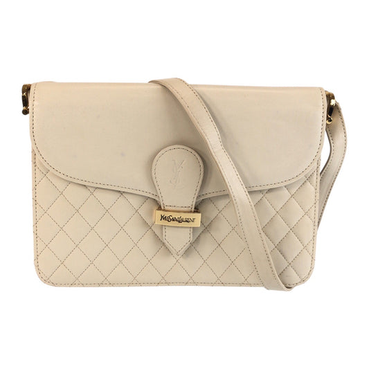 25278
YVES SAINT LAURENT イヴ サンローラン YSL キルティング ホワイト ゴールド金具 レザー ショルダーバッグ レディース ABP35